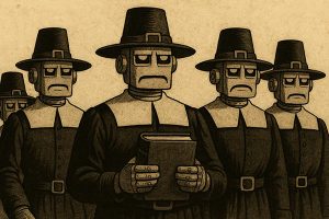 A sepia-toned illustration of stern, humanlike robots dressed as 17th-century Puritans. They wear black hats with buckles, white collars, and dark robes. The central robot holds a large book while the others stand beside it, all with expressionless metal faces, evoking themes of historical censorship and moral rigidity enforced by machines.