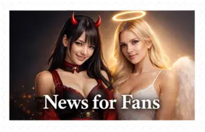 Two Women Pose, one with a Halo one with devil horns, text says news for fans.